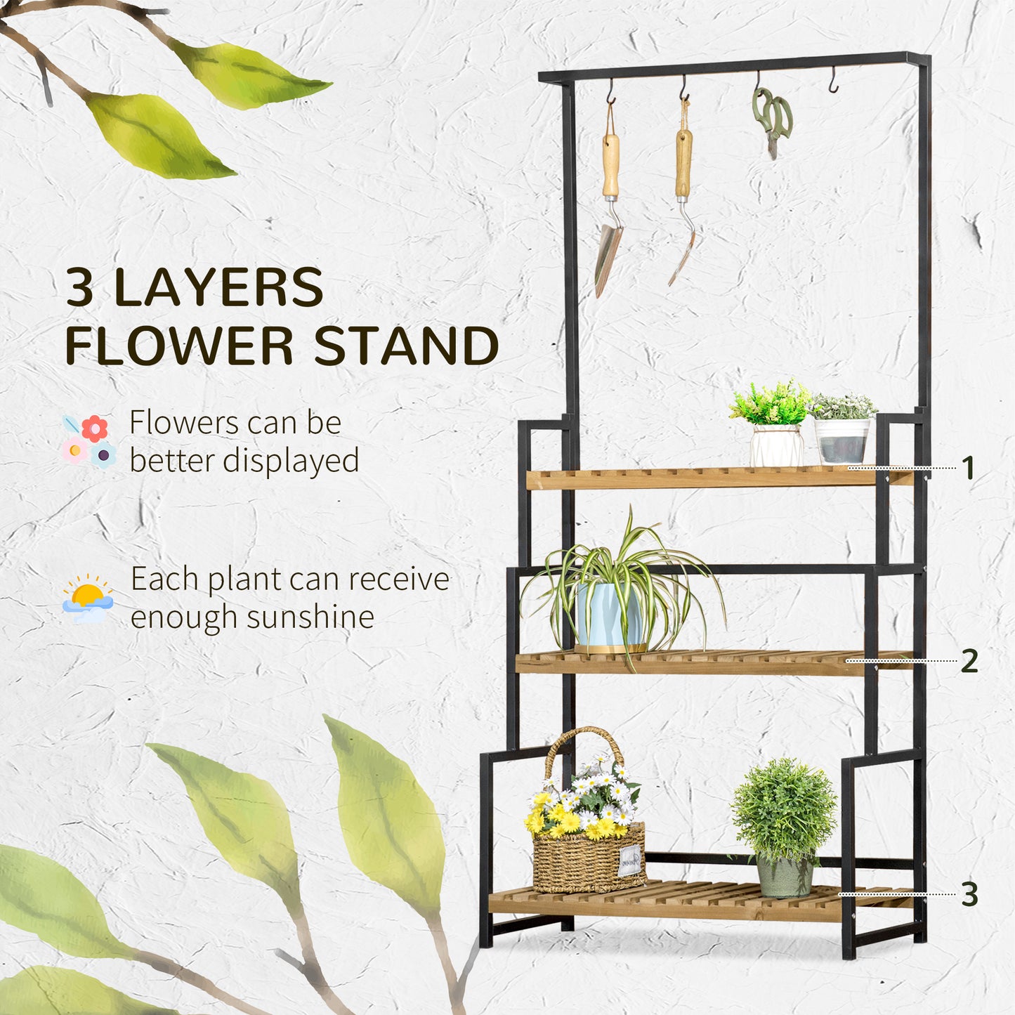 Outsunny 3 Tiered Plant Stand with Hanging Hooks