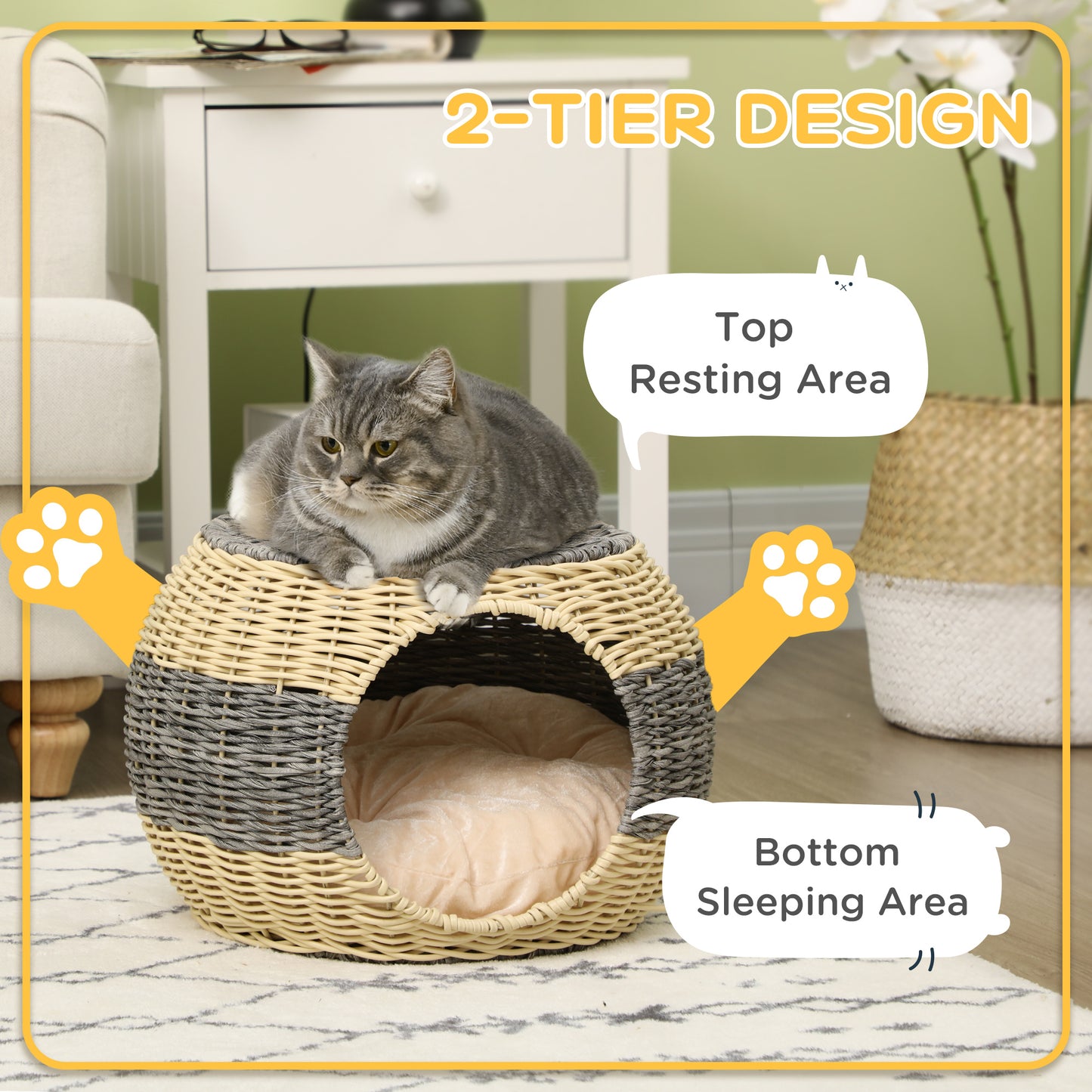 Pawhut Wicker Cat House Rattan Raised Cat Bed Cosy Kitten Cave With Soft Washable Cushion Diameter 40 X 30cm