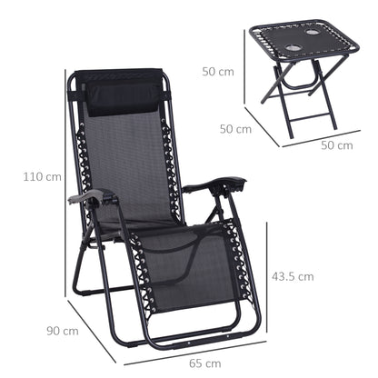 Outsunny 3pcs Folding Zero Gravity Chairs Sun Lounger Table Set w/ Cup Holders Reclining Garden Yard Pool