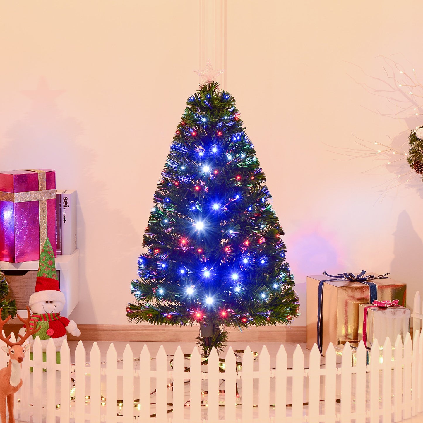 Homcom 4FT Prelit Artificial Christmas Tree with Multi-Coloured Fiber Optic LED Light