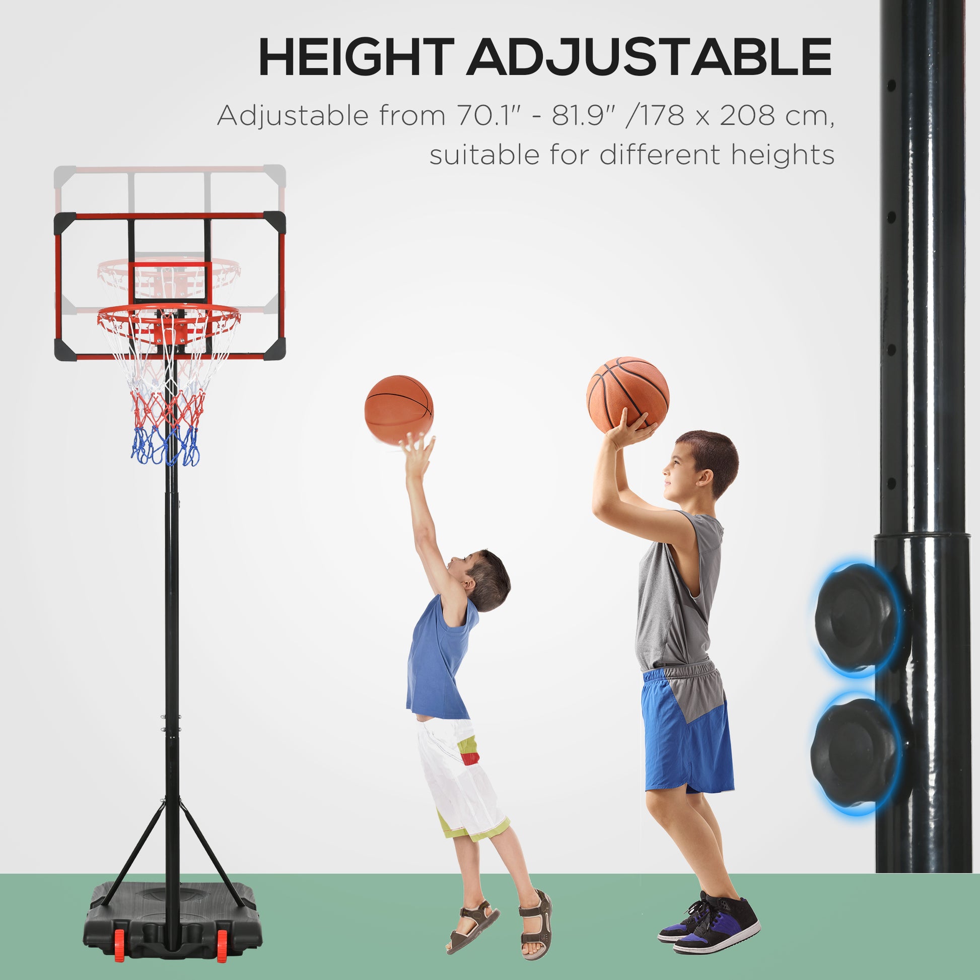 1.7 to 2M Adjustable Free Standing Basketball Hoop Weighted Base With Transit Wheels Black & Red by Sportnow