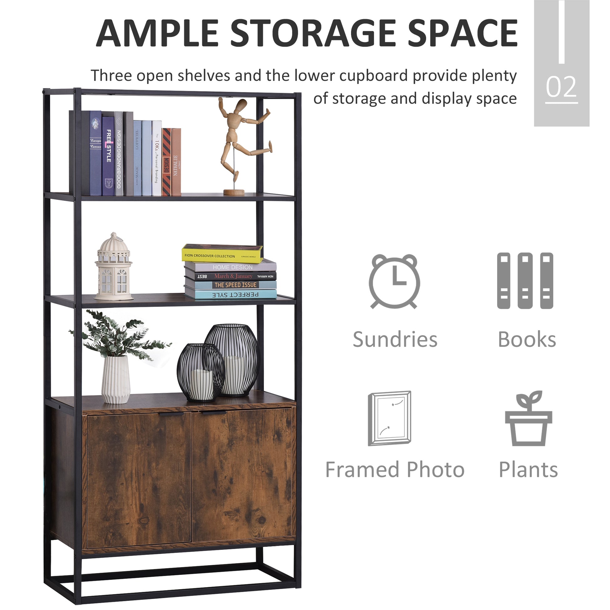 Homcom Storage Cabinet with 3 Open Shelves Cupboard Freestanding Tall Organizer Multifunctional Rack for Livingroom Bedroom Kitchen Rustic Brown