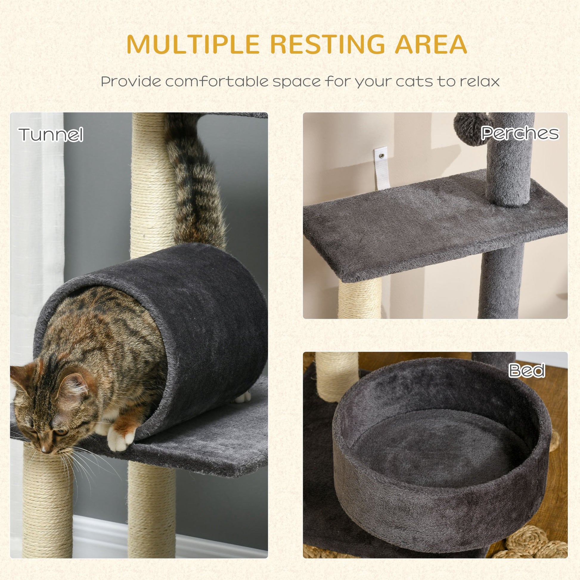 PawHut 121cm Cat Tree Tower for Indoor Cats Kitten Activity Centre Scratching Post with Bed Tunnel Perch Interactive Ball Toy Grey