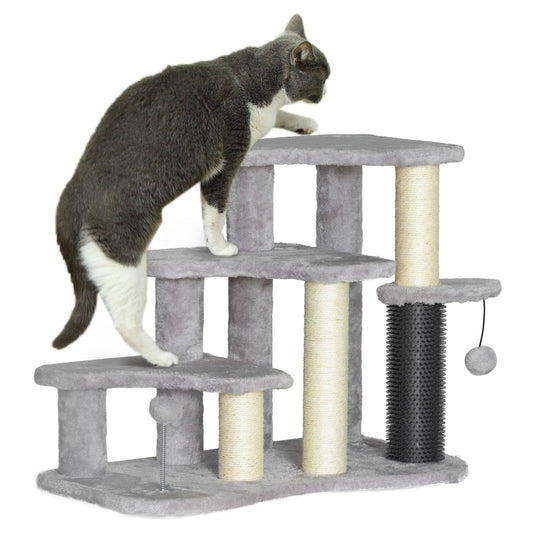 2-in-1 Cat Tree, Pet Stairs w/ Scratching Post, Toy Balls, for Bed, Sofa, Couch, Light Grey-0