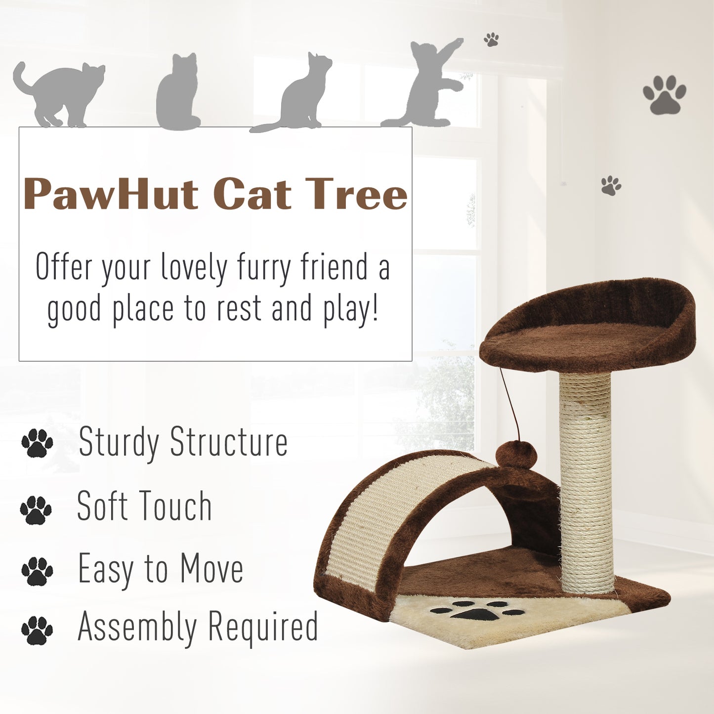 PawHut 2-Tier Cat Tree Scratching Post with Dangle Toy Brown