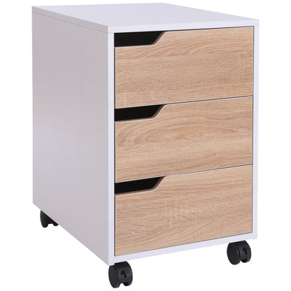 Homcom Medium-density fibreboard Mobile File Cabinet w/ 3 Drawers Locking Wheels Metal Rails Oak Tone White