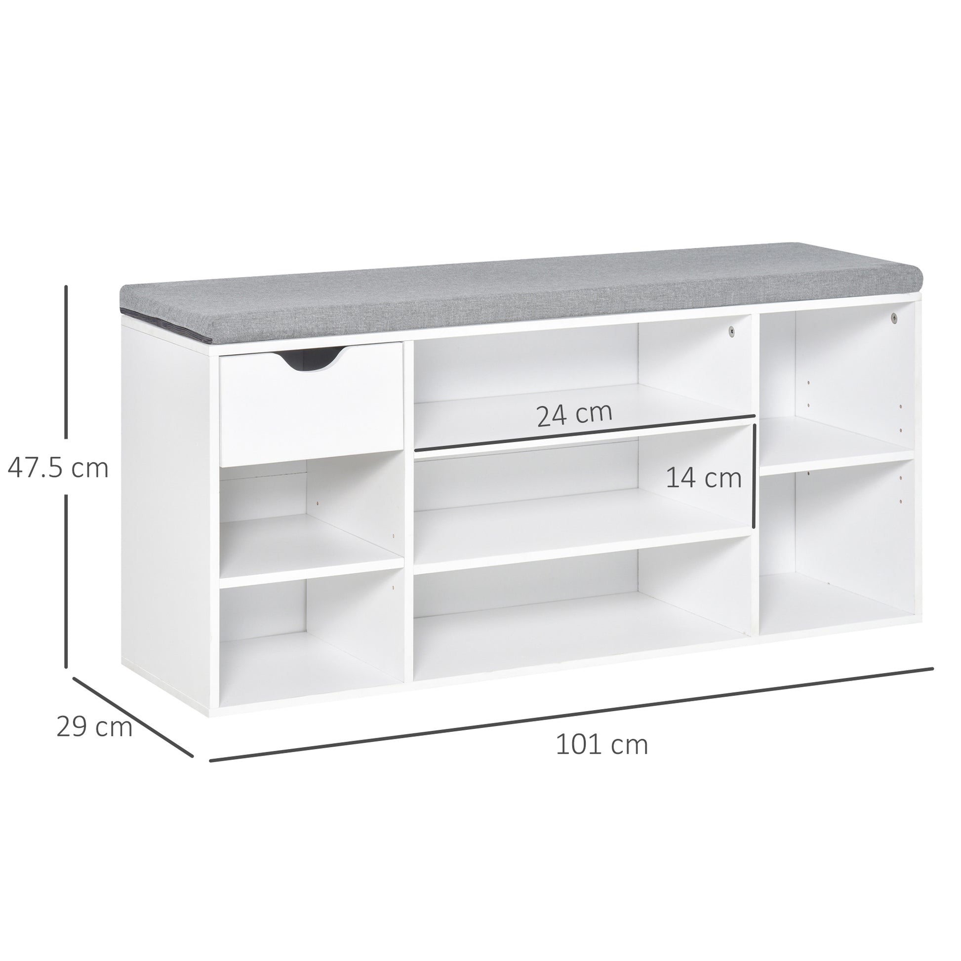 Homcom Shoe Storage Bench w/ Cushion 7 Compartments Adjustable Shelves White and Grey