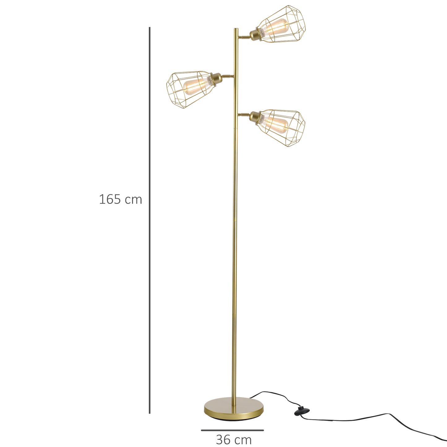 Homcom Steel Tri-Head Floor Lamp Gold