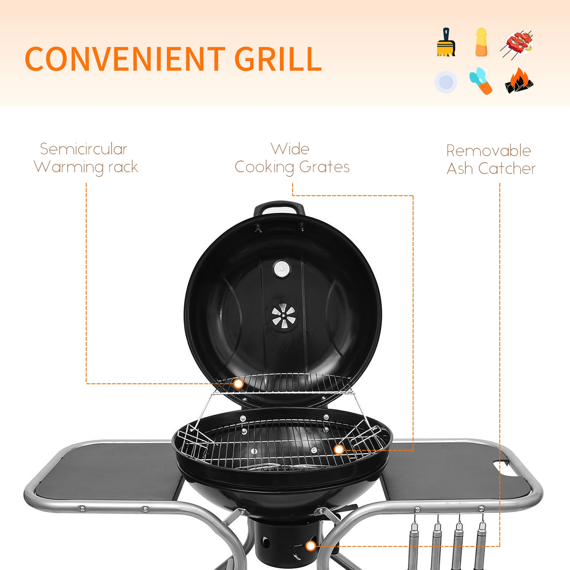 Outsunny Portable Charcoal Kettle Grill Outdoor Barbecue Trolley BBQ Heat Smoker Grilling with Two wheels