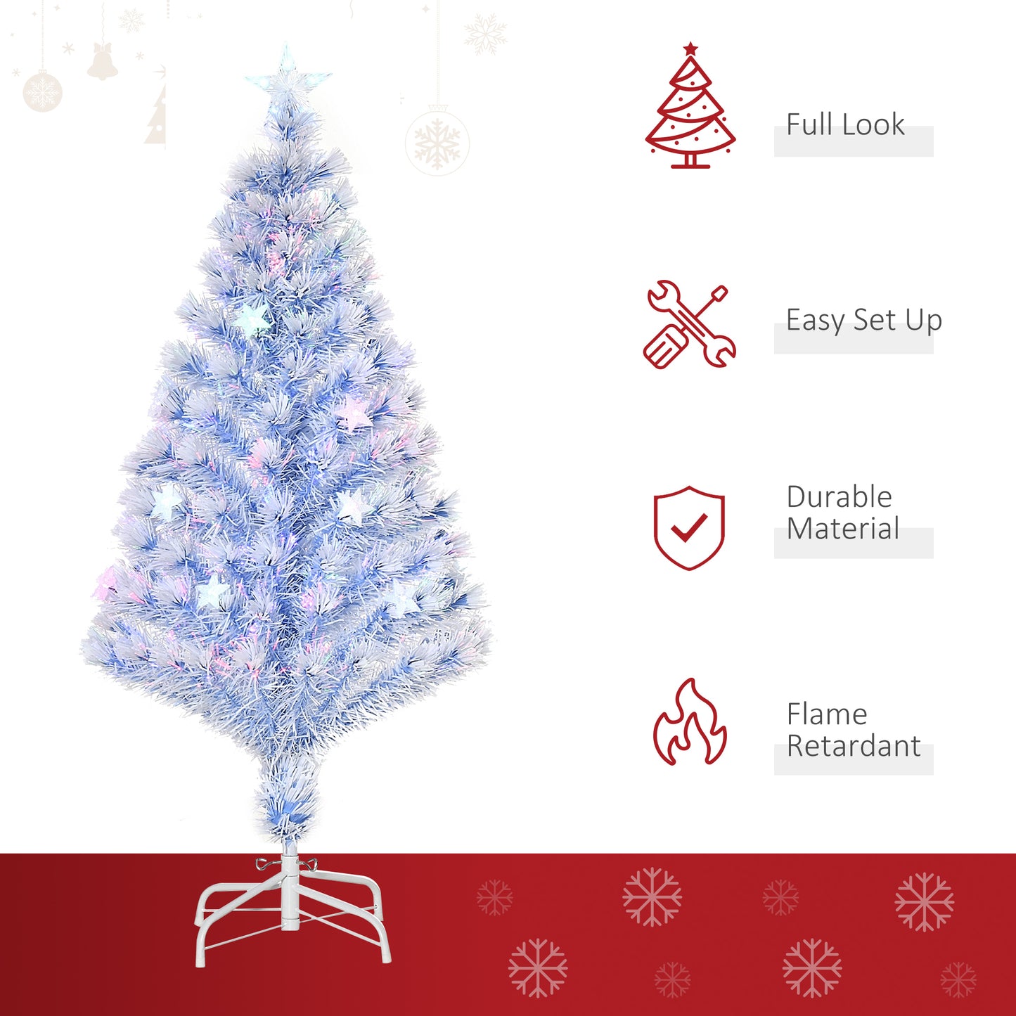 Homcom 4FT Artificial Fibre Optic Christmas Tree Seasonal Decoration with LED Lights Pre-Lit Easy Store White Blue