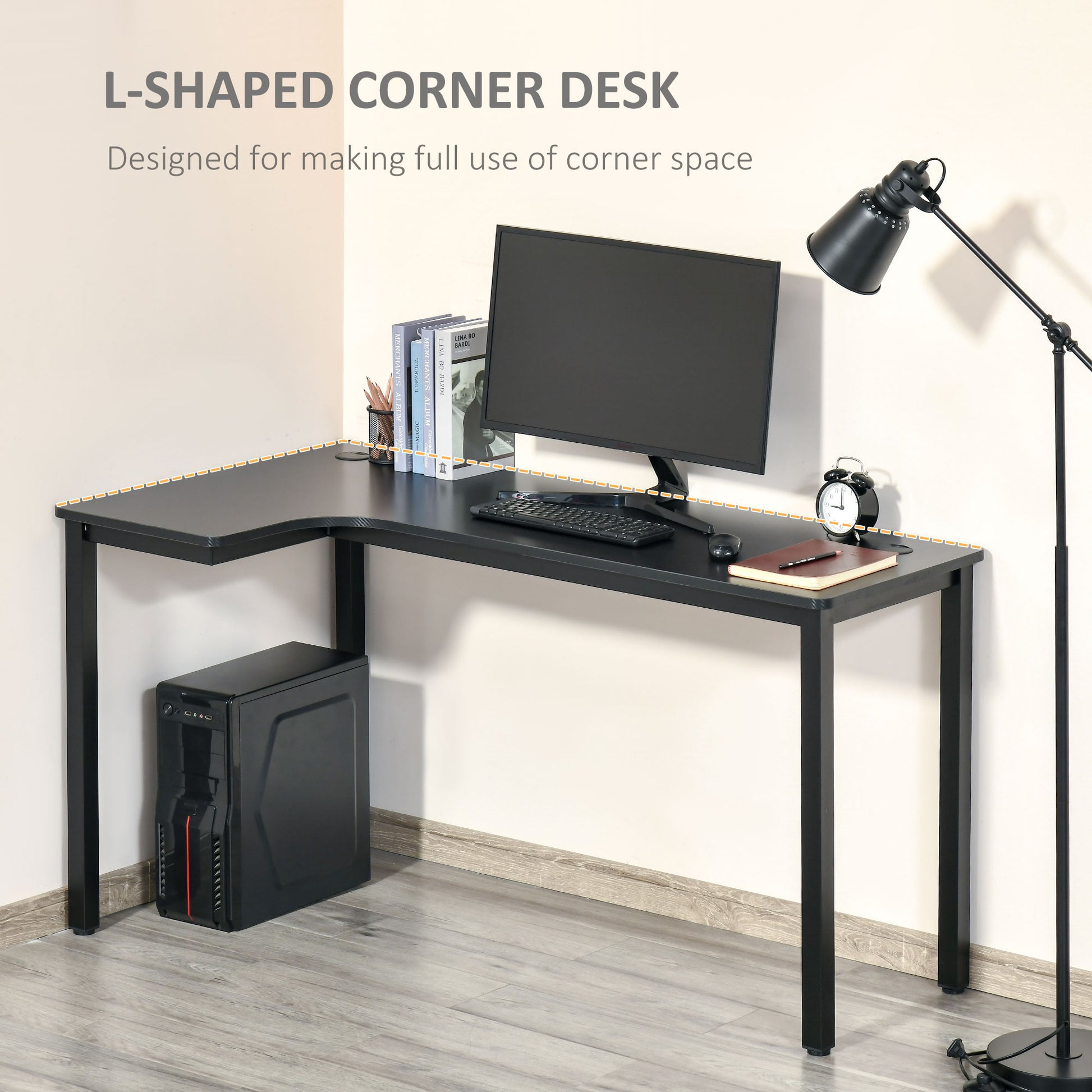 Homcom L-Shaped Corner Desk Wood Large PC Gaming Desk 145 x 81 x 76cm Black