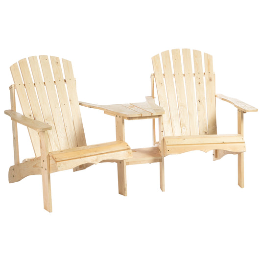 Outsunny Wooden Outdoor Double Adirondack Chairs Loveseat w/ Center Table and Umbrella Hole