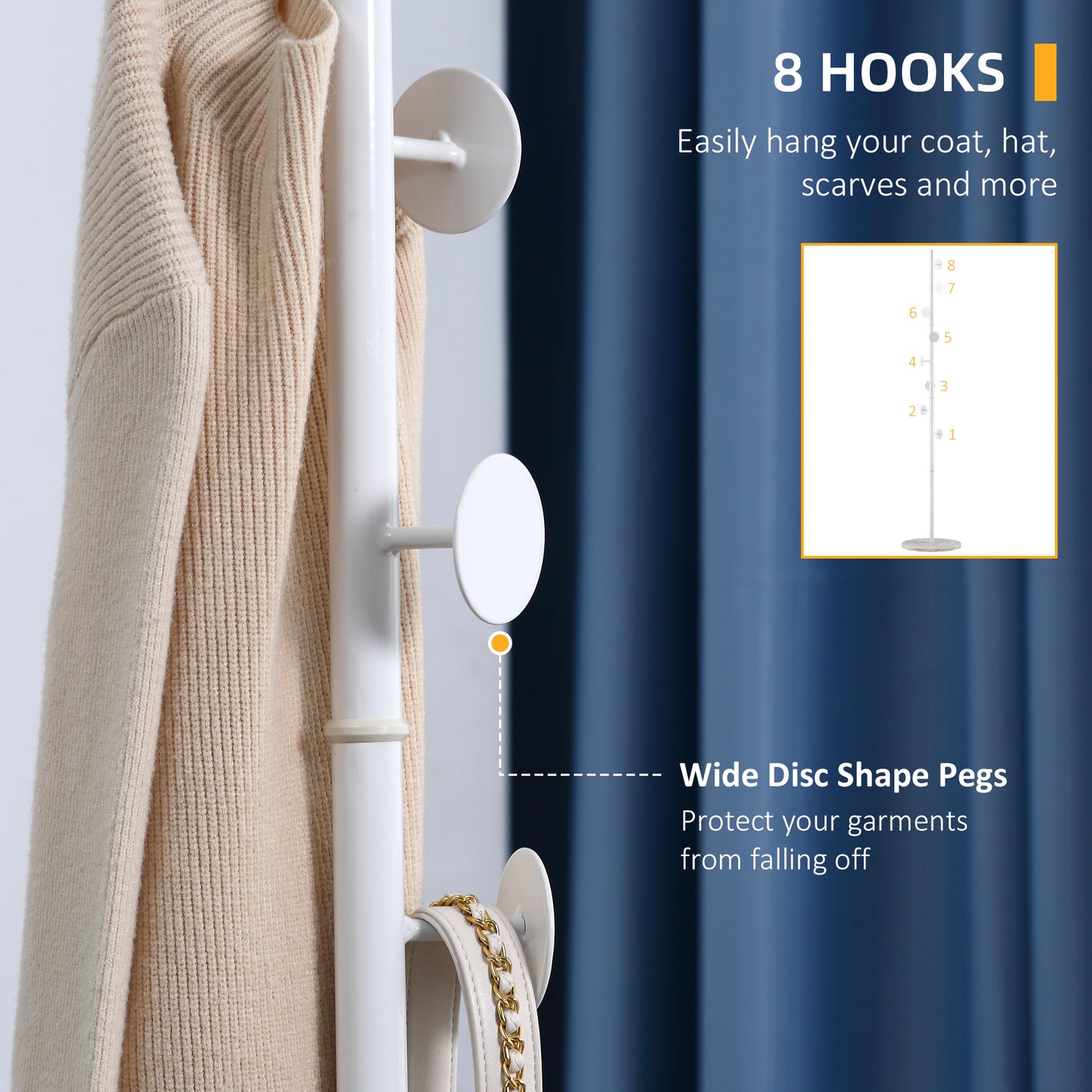 Homcom Slimline Metal Coat Stand With Round Hooks - White