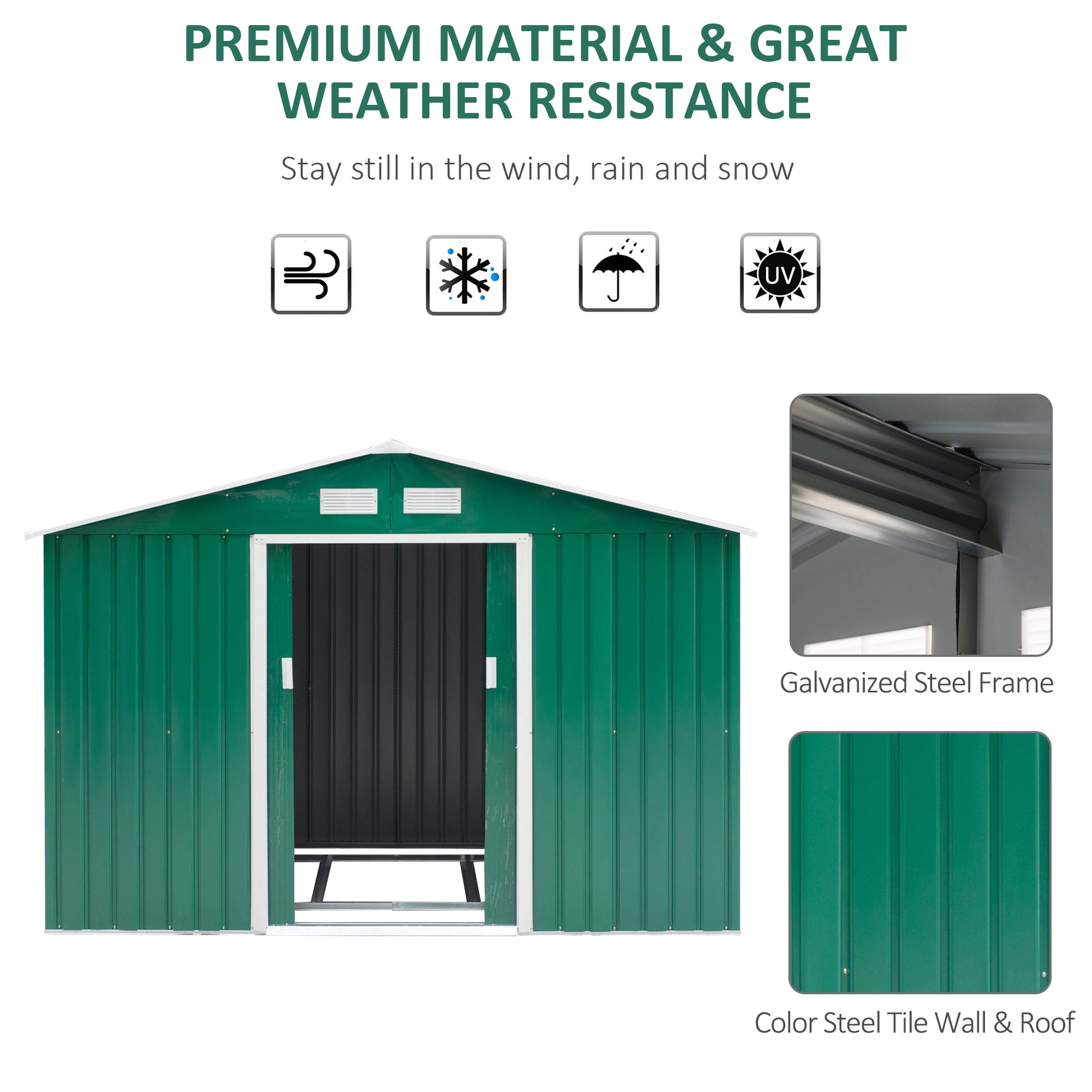 Galvanised 9 x 6' Double Door Reverse Apex Garden Shed With Ventilation Steel Green by Steadfast