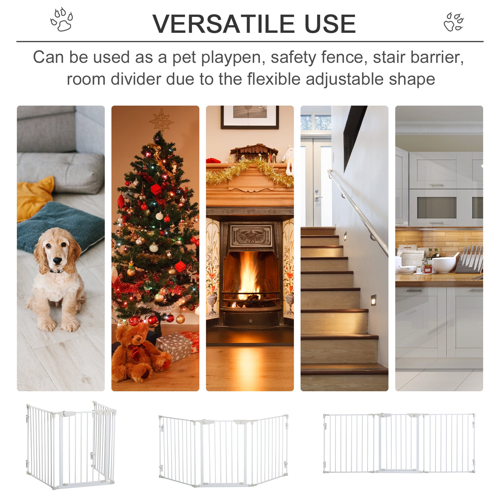 PawHut Pet Safety Gate 3-Panel Playpen Fireplace Christmas Tree Metal Fence Stair Barrier Room Divider with Walk Through Door Automatically Close Lock White