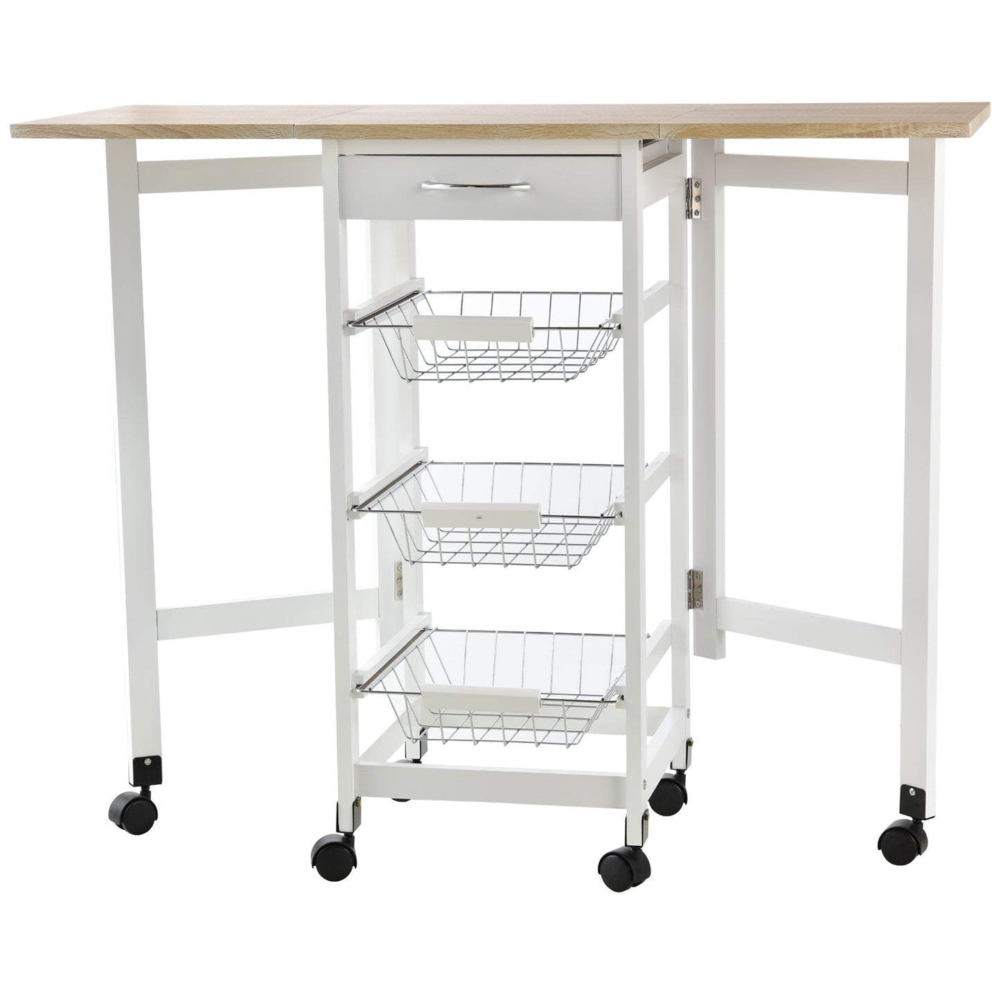 Homcom Drop-Leaf Kitchen Cart Trolley w/ 3 Baskets Drawer Surface Top 6 Universal Wheels Rolling Storage Unit Kitchen Home Dining Island White Oak Tone