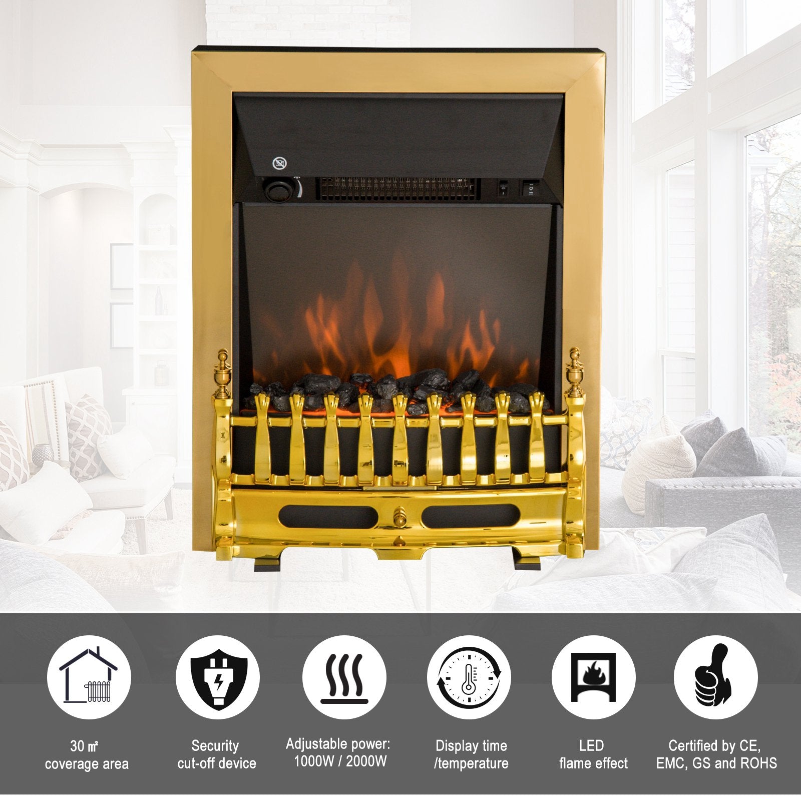 Homcom Electric Fireplace LED Light Complete Fire Place Heating Indoor Heater Coal Burning Flame Effect Heat 2000W Max