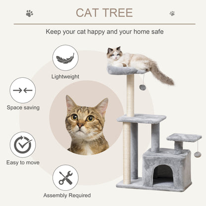 PawHut Cat Tree Tower for Indoor Cats 114cm Climbing Activity Centre Kitten with Sisal Scratching Post Perch Hanging Ball Condo Toy Light Grey