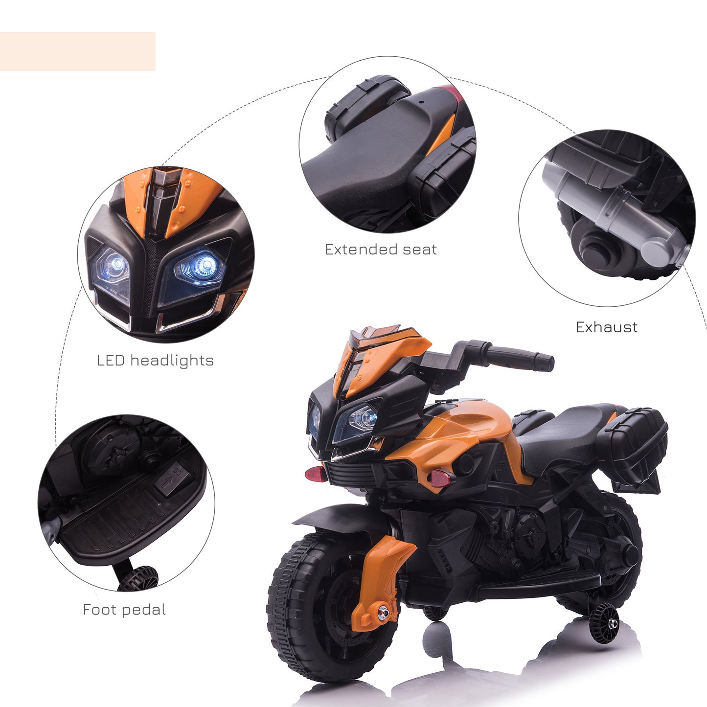 Homcom Kids 6V Electric Ride On Motorcycle Vehicle w/ Lights Horn Realistic Sounds Outdoor Play Toy for 1.5-4 Years Old Orange