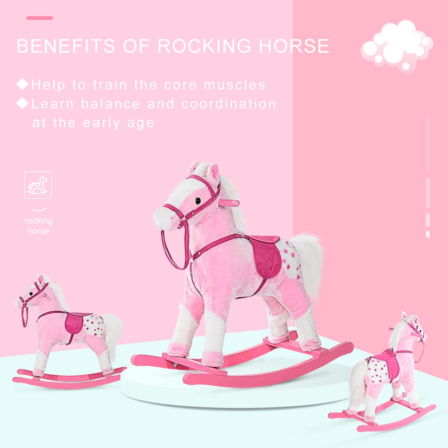 Homcom Children Child Kids Plush Rocking Horse with Sound Handle Grip Traditional Toy Fun Gift Pink