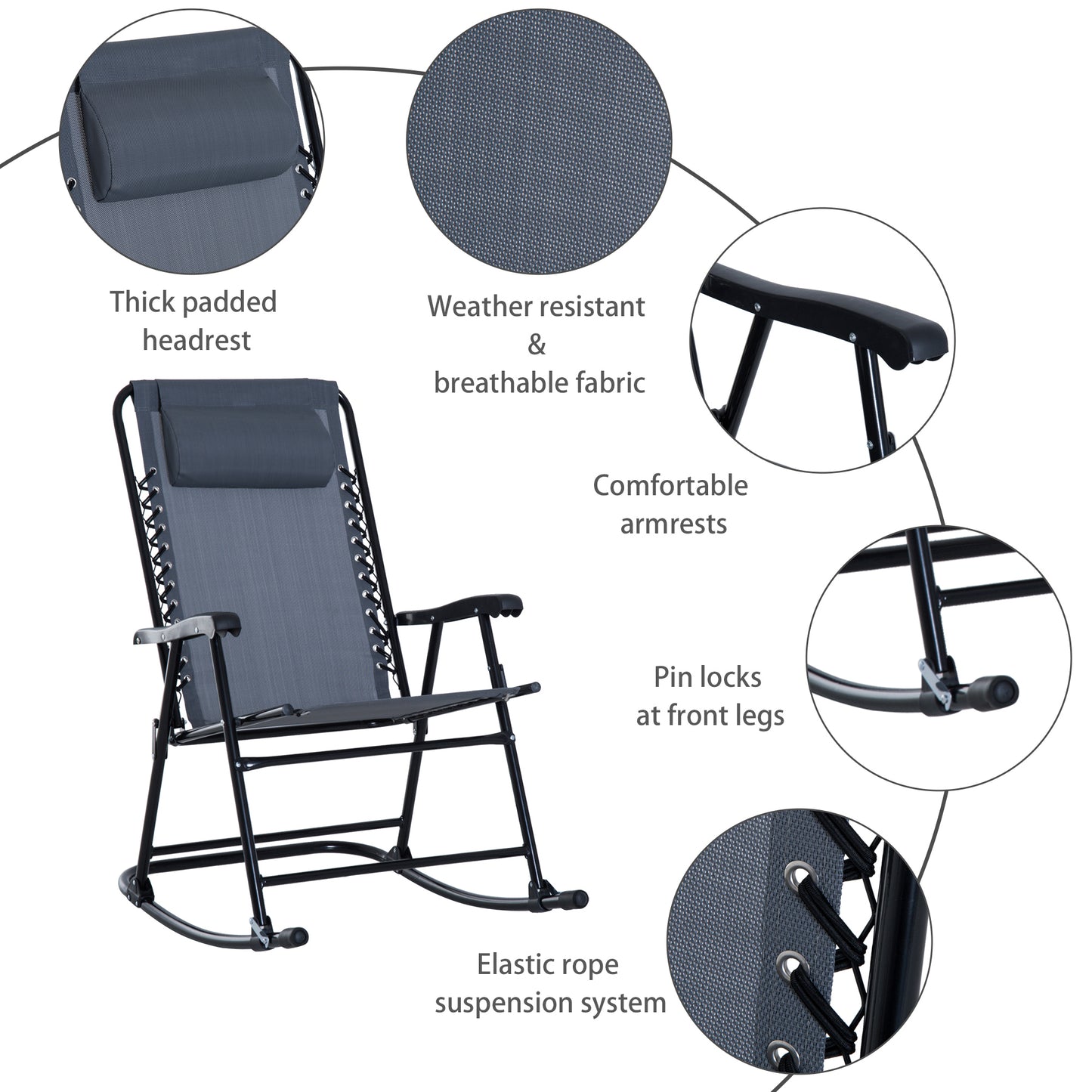 Outsunny 3 Piece Outdoor Rocking Set with 2 Folding Chairs and 1 Tempered Glass Table