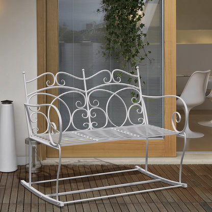 Outsunny Patio 2 Seater Rocking Bench Steel Garden Outdoor Garden Loveseat Chair With Decorative Backrest White