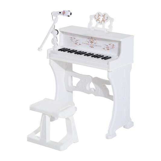 Homcom 37 Keys Kids Piano Mini Electronic Keyboard Light Kids Musical Instrument Educational Game Children Grand Piano Toy Set w/Stool & Microphone & Music Stand (White)