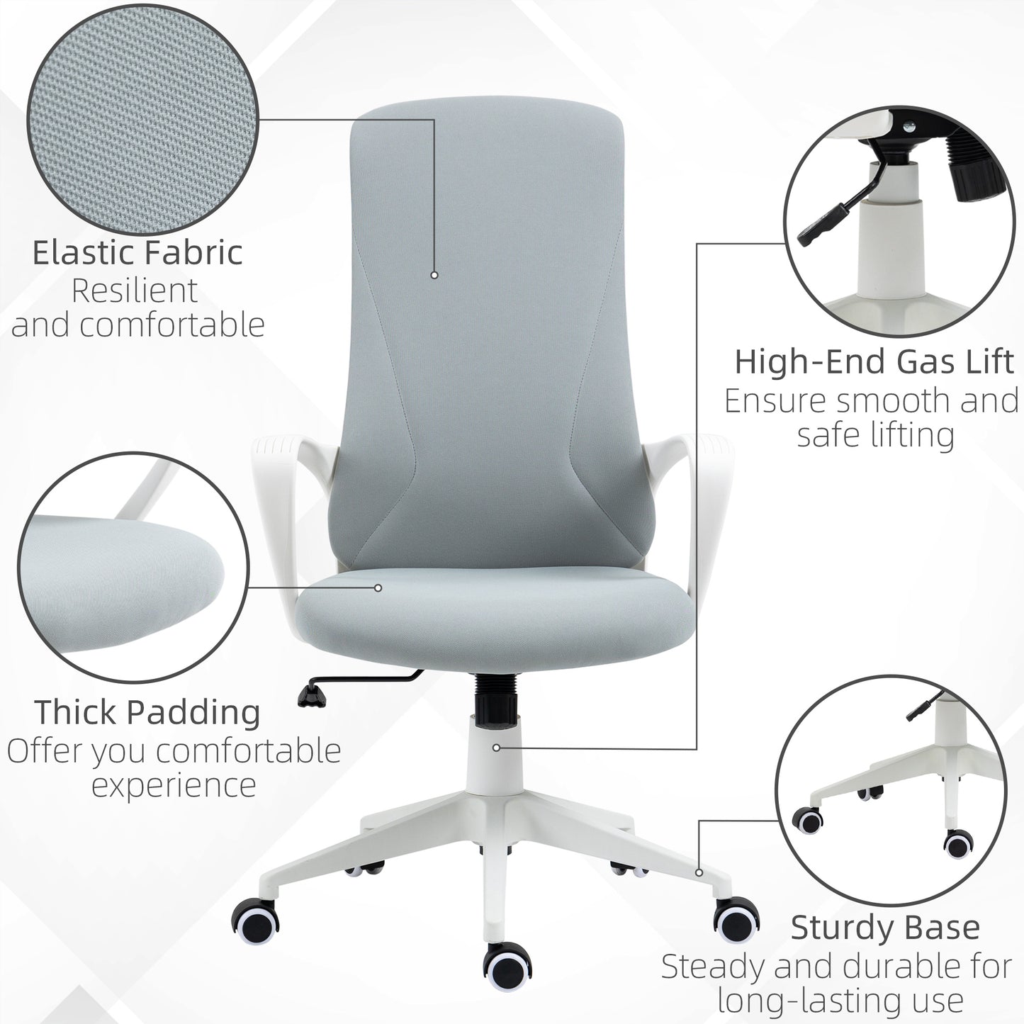 Vinsetto High Back Office Chair Fabric Desk Chair With Armrests Adjustable Height Swivel Wheels Light Grey