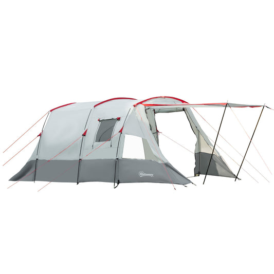 6-8 Person Tunnel Tent, Camping Tent with Bedroom, Living Room, Sewn-in Floor, 3 Doors and Carry Bag, 2000mm Water Column for Fishing, Grey-0