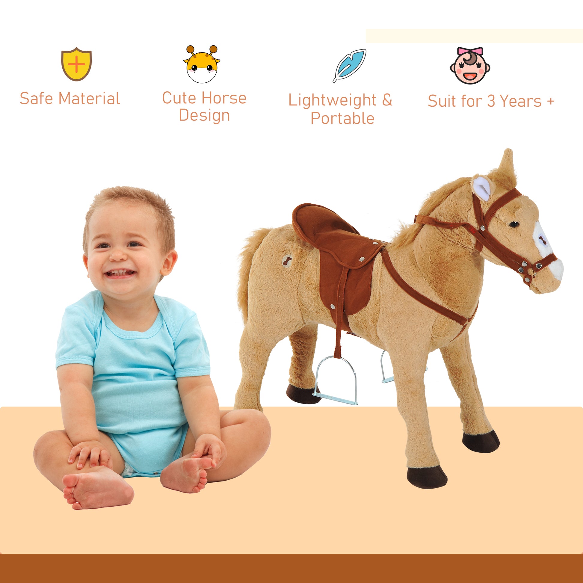 Homcom Children'S Plush Sound Effects Riding Horse Beige-Brown