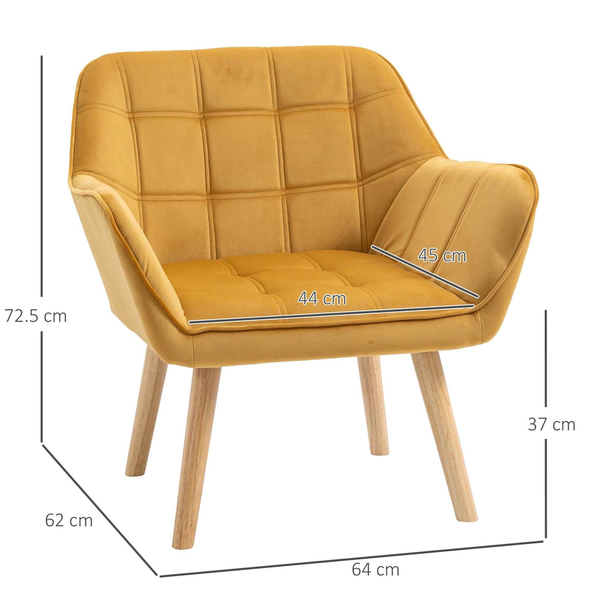 Homcom Armchair Accent Chair Wide Arms Slanted Back Padding Iron Frame Wooden Legs Home Bedroom Furniture Seating Yellow