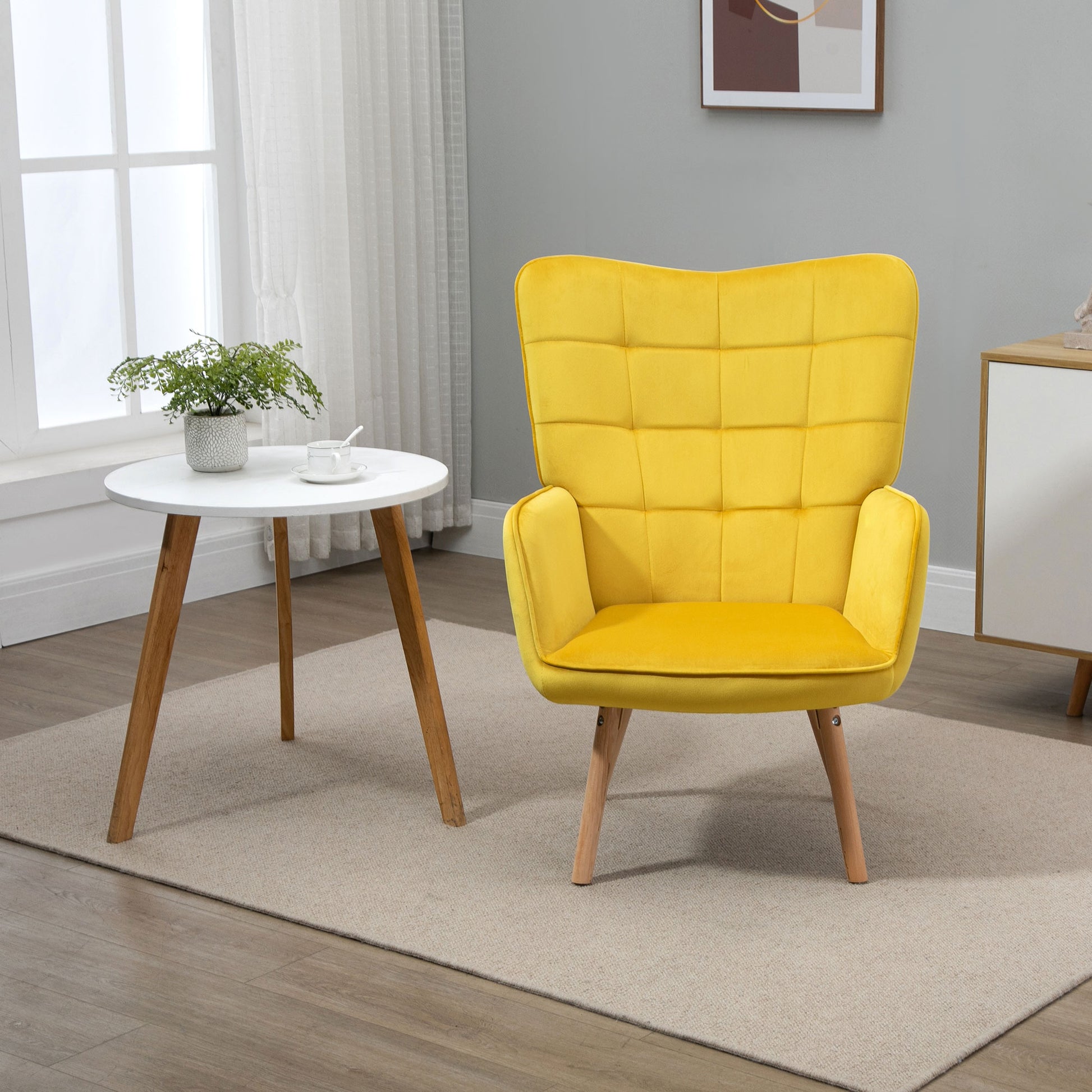 Homcom Accent Chair VelvetTufted Wingback Armchair Club Chair with Wood Legs Yellow