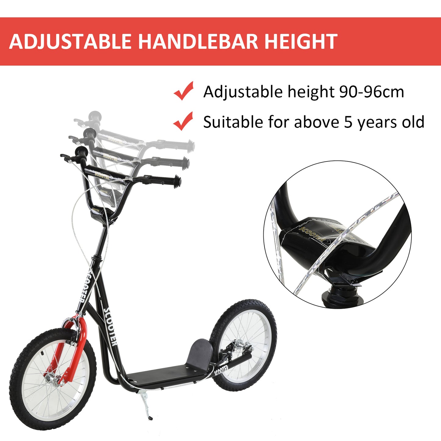 Homcom 90-96cm Kids Kick Scooter With Adjustable Handlebar Inflatable Wheels Brakes Black