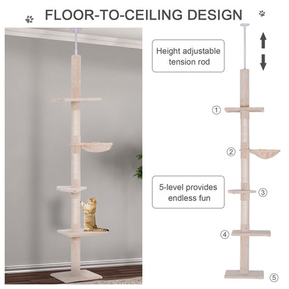 PawHut Floor to Ceiling Cat Tree for Indoor Cats 5-Tier Kitty Tower Climbing Activity Center Scratching Post Adjustable Height 230-260 cm Beige