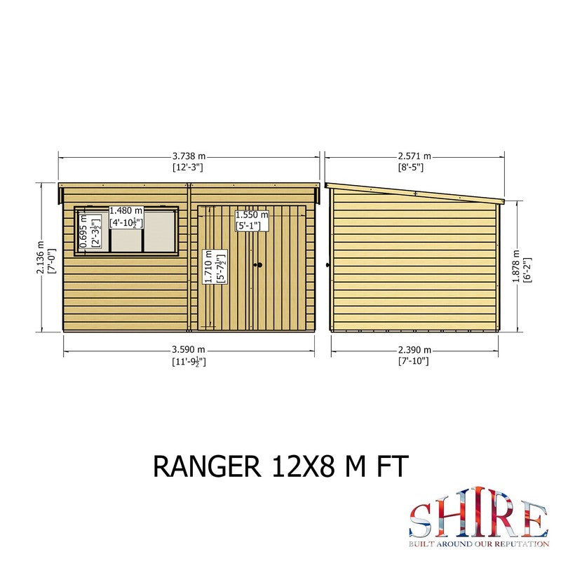 Shire Ranger 7' 10" x 11' 9" Pent Shed - Premium Coated Shiplap