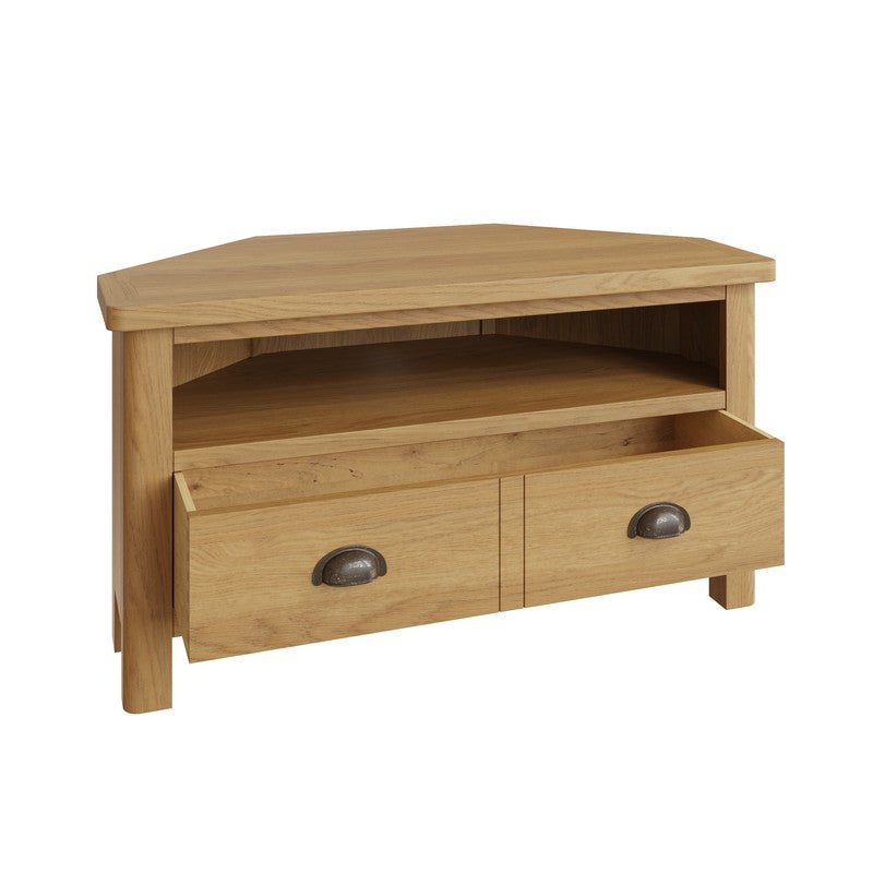 Rutland Corner TV Unit Oak Natural 1 Shelf 2 Drawers