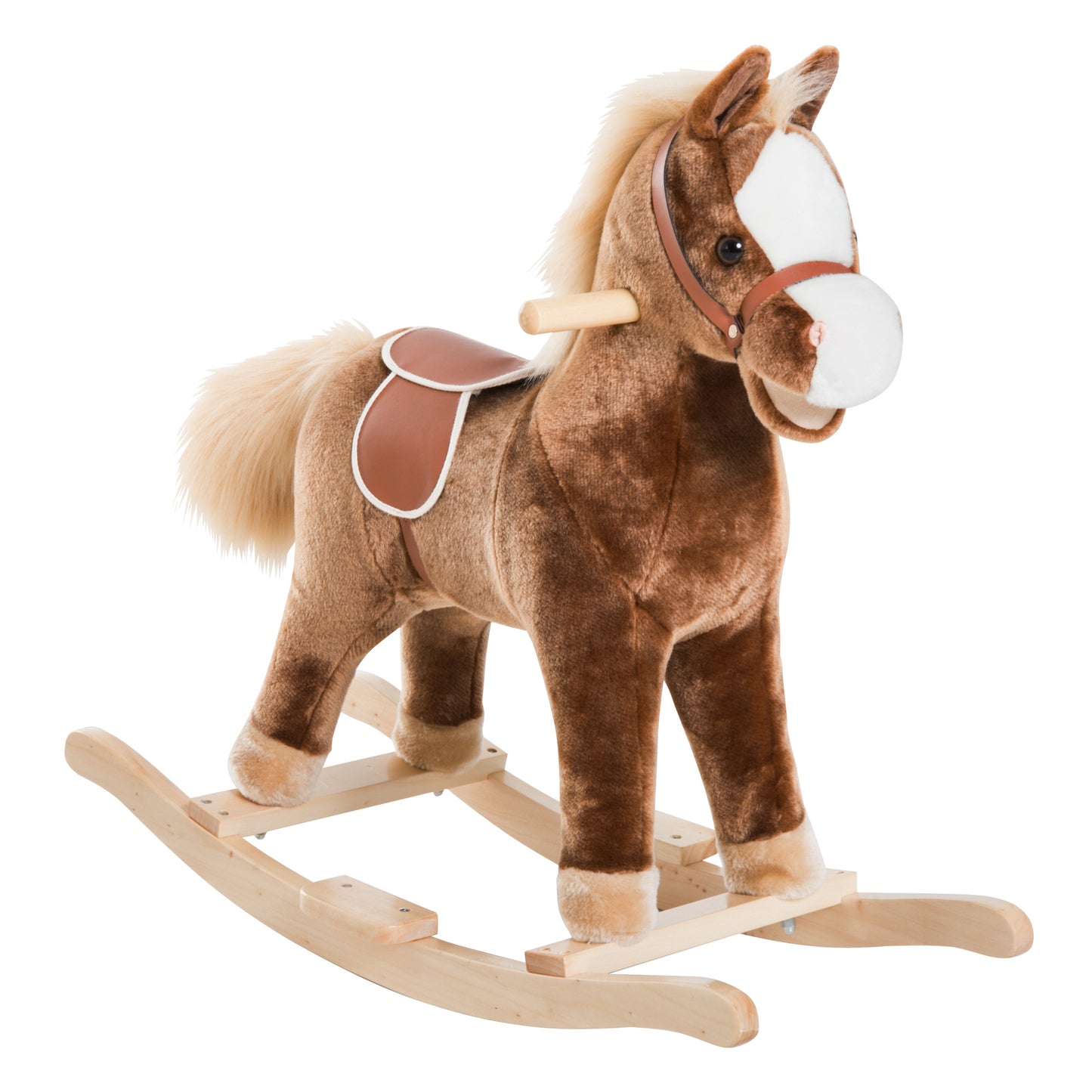 Homcom Kids Children Plush Rocking Horse Wooden Base Ride On Toy Rocker with Handle Grip Traditional Toy Fun Gift for Age 3+ (Brown)