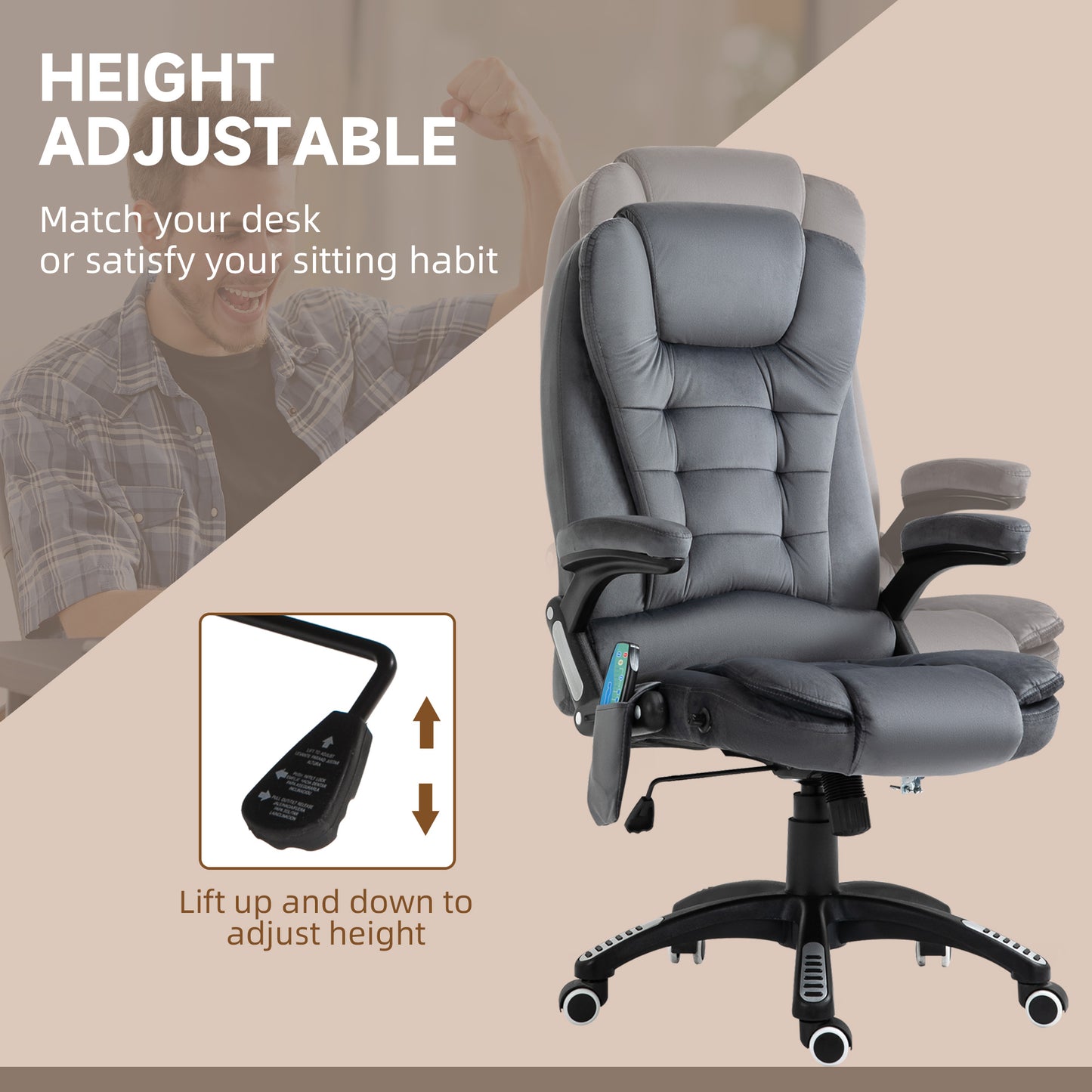 Vinsetto Massage Recliner Chair Heated Office Chair With Six Massage Points Velvet-Feel Fabric 360 Swivel Wheels Grey