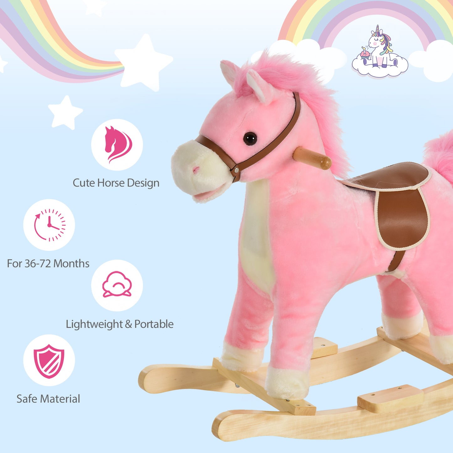 Homcom Kids Plush Rocking Horse w/ Sound Moving Mouth Wagging Tail Children Rocker Ride On Toy Gift 36 - 72 Months Pink