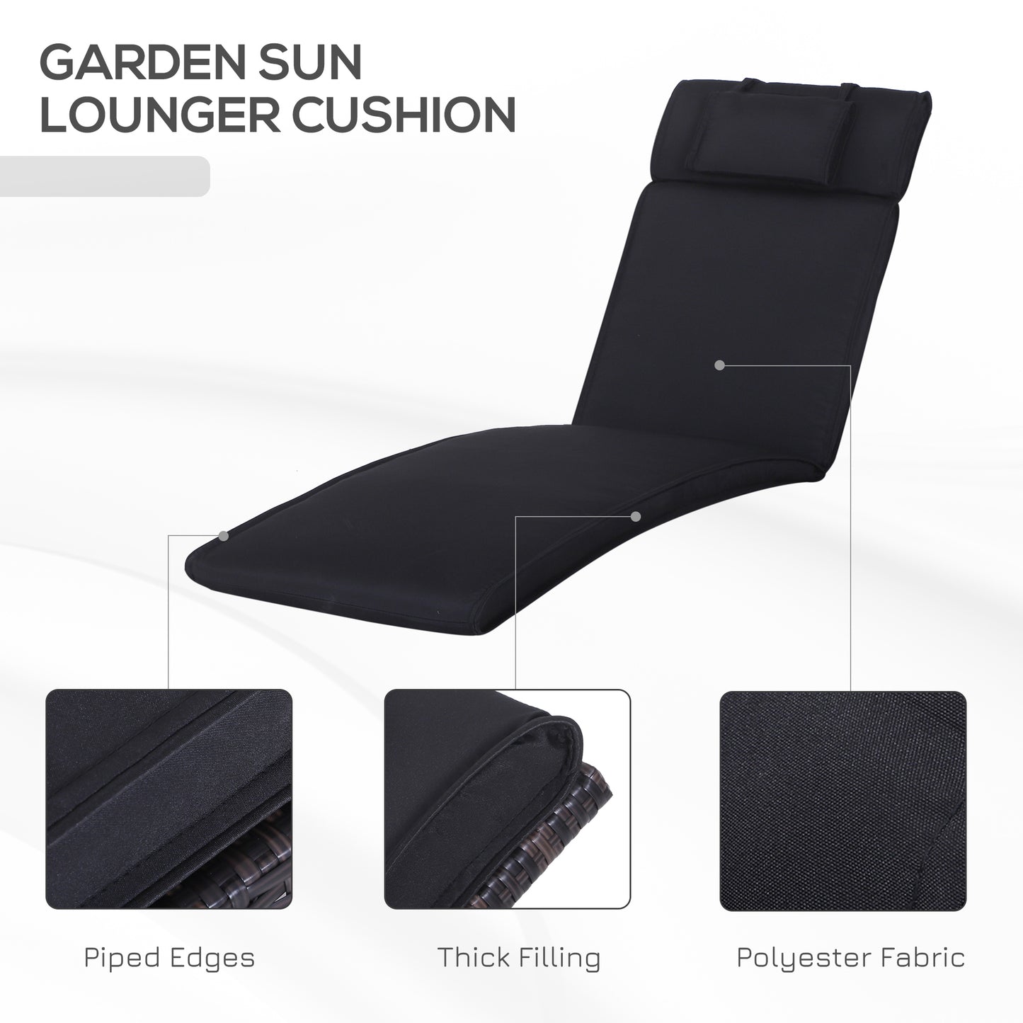 Outsunny Garden Sun Lounger Cushion Replacement Thick Sunbed Reclining Chair Relaxer Pad with Pillow - Black