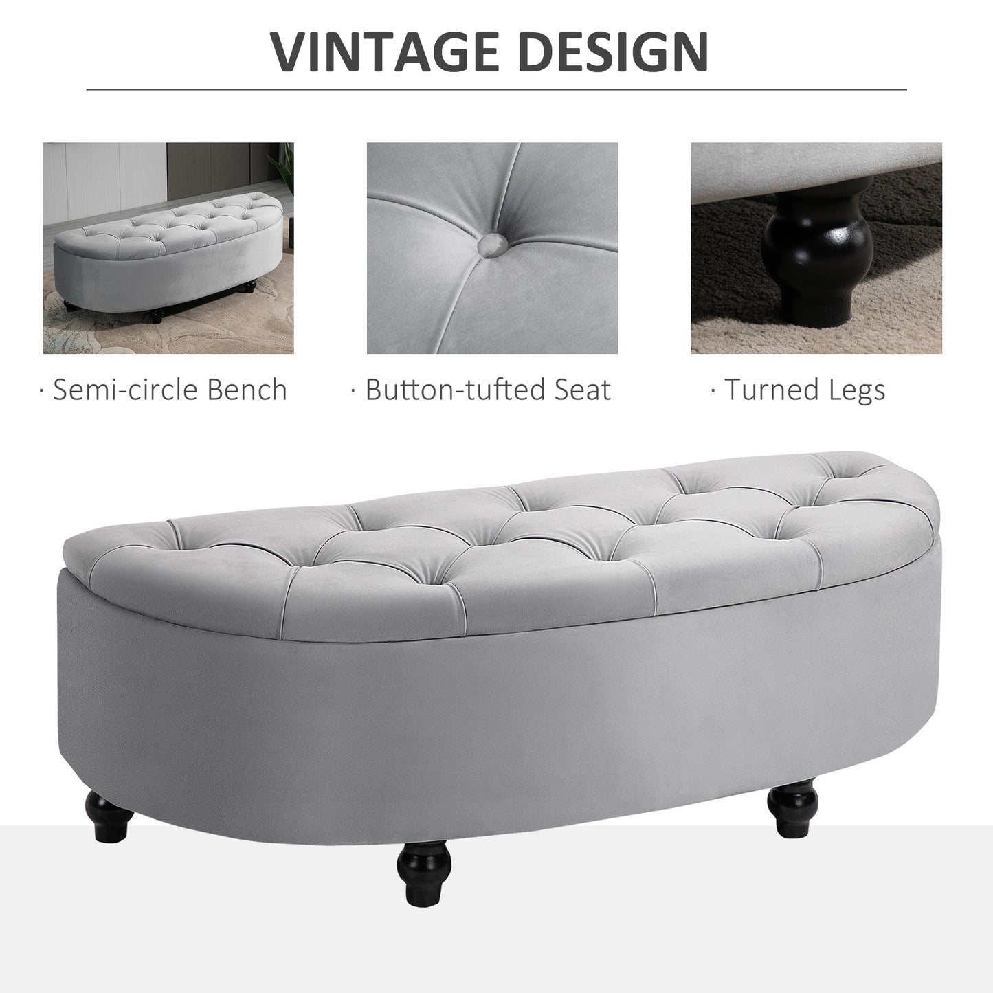 Homcom Semi-Circle Bed End Bench Ottoman with Storage Tufted Upholstered Accent Seat Footrest Stool with Rubberwood Legs for Bedroom & Entryway