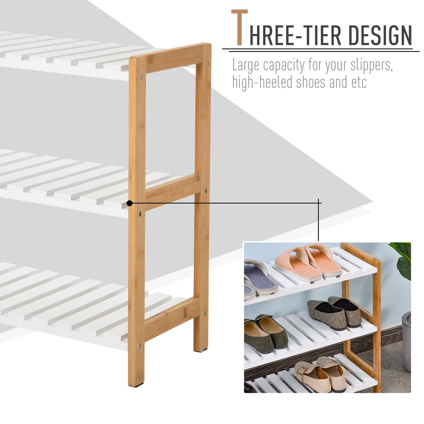 Homcom 3-Tier Shoe Rack Wood Frame Slatted Shelves Spacious Open Hygienic Storage Home Hallway Furniture Family Guests 70L x 26W x 57.5H cm - Natural