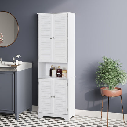 Homcom Tall Freestanding Bathroom Cabinet Retro Shutters W/ 3 Compartments Shelves Elevated Base Narrow Organiser White 60L X 30W X 182.5H cm