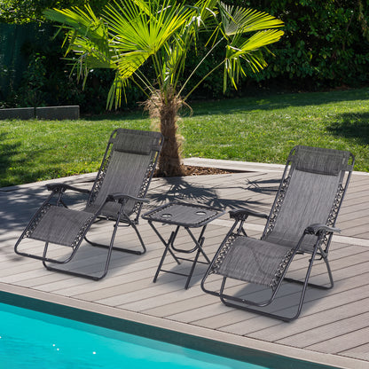 Outsunny 3pcs Folding Zero Gravity Chairs Sun Lounger Table Set w/ Cup Holders Reclining Garden Yard Pool