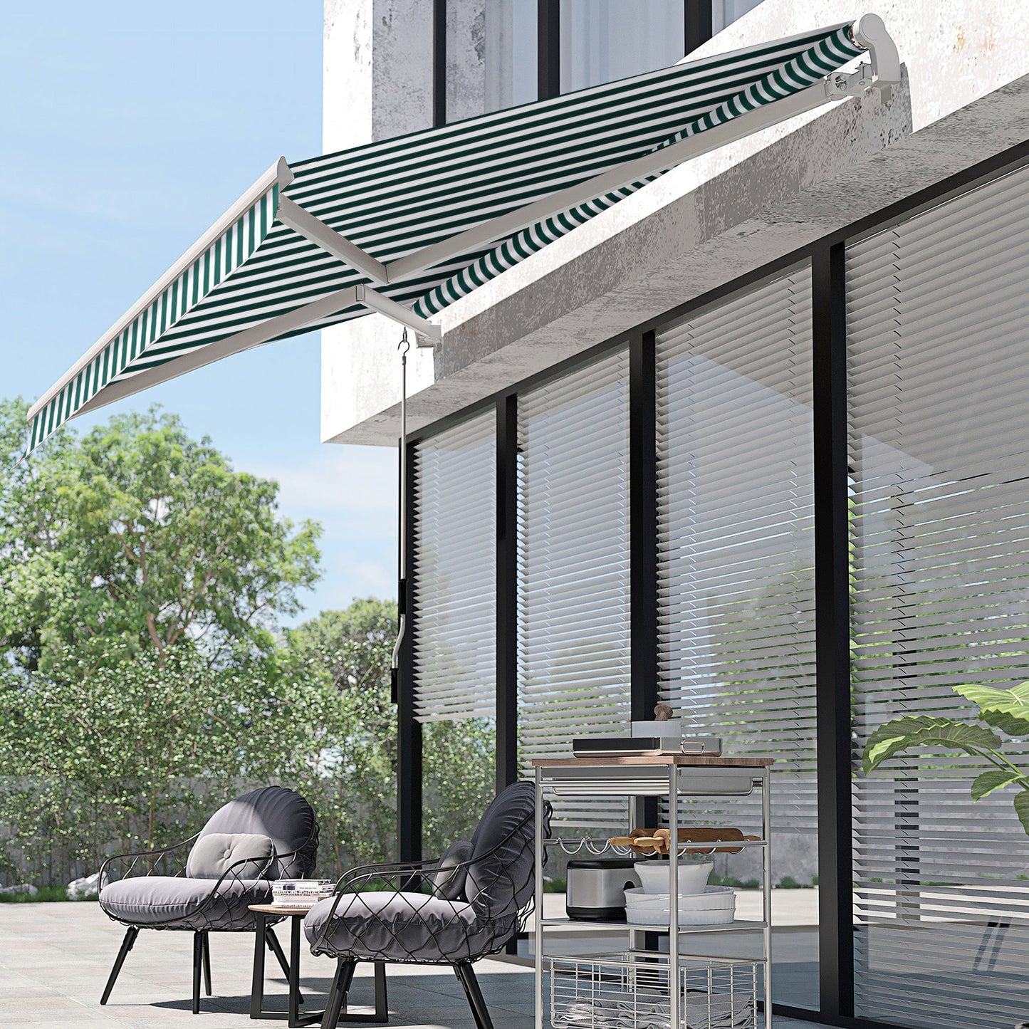 Outsunny Manual Retractable Awning Size (3M X2.5M)-Green/White Stripes