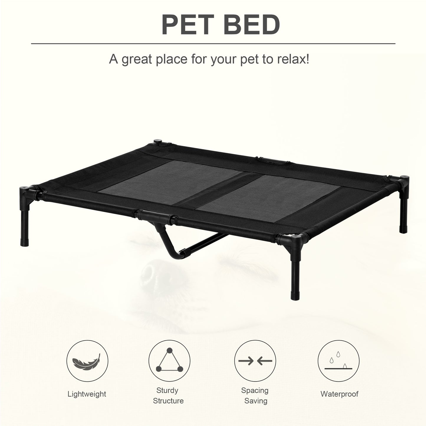 PawHut Large Raised Dog Bed Cat Elevated Lifted Cooling Portable Camping Basket Outdoor Indoor Mesh Pet Cot Metal Frame Black