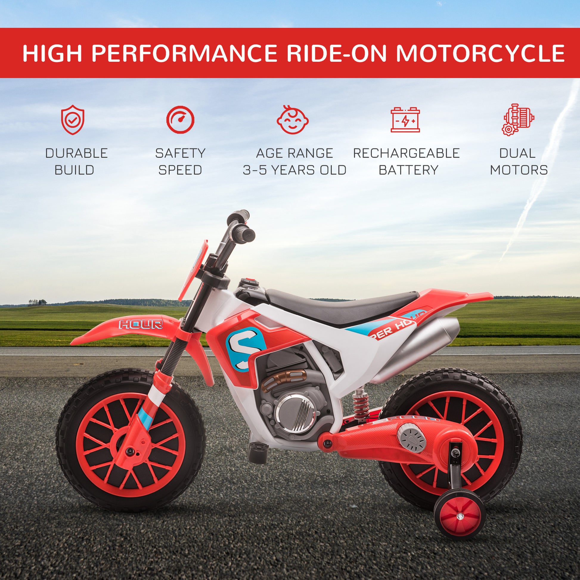 Homcom 12V Kids Electric Motorcycle Ride-On With Training Wheels For Ages 3-6 Years - Red