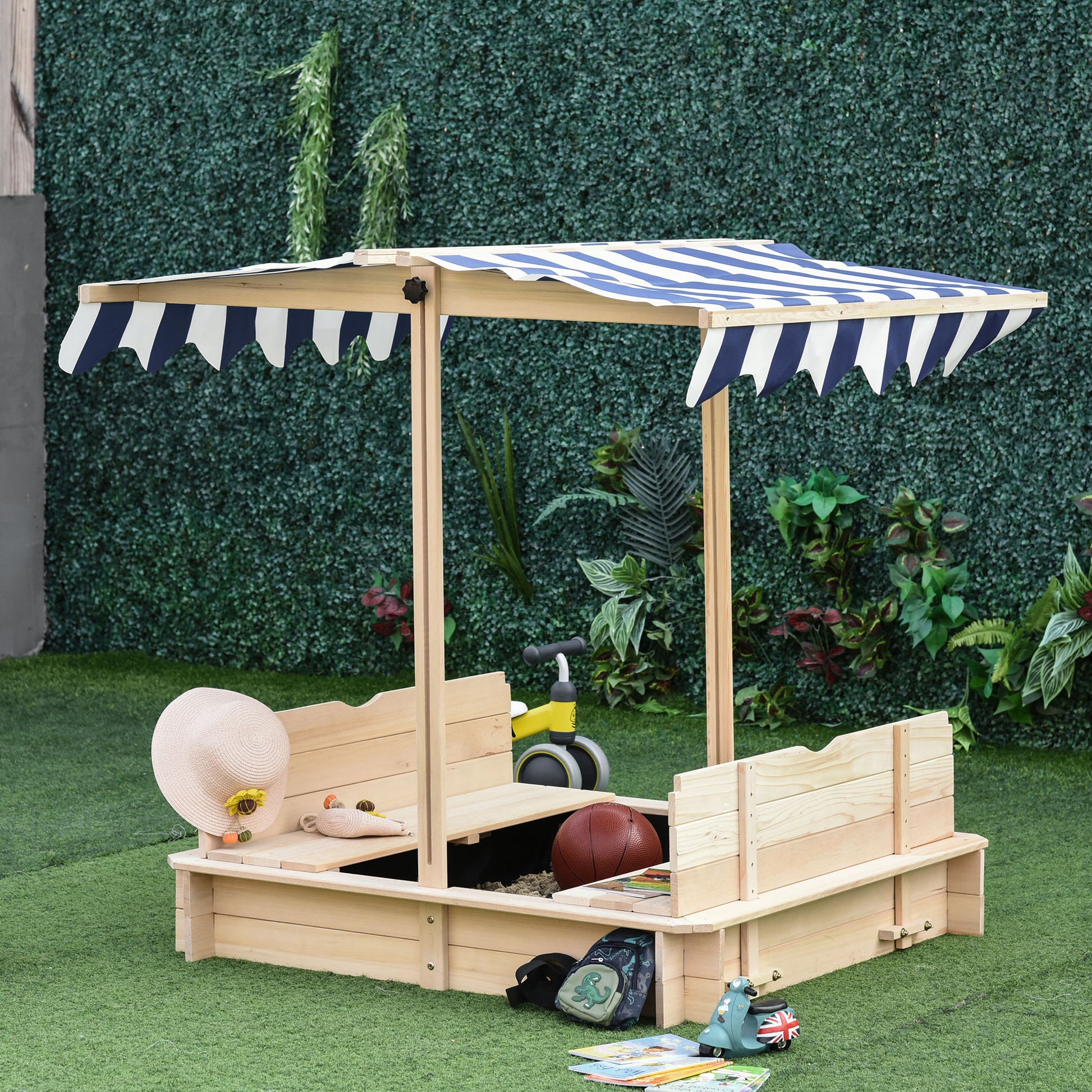 Outsunny Kids Wooden Sand Pit with Lids Children Sandbox Height Adjustable Canopy for Garden