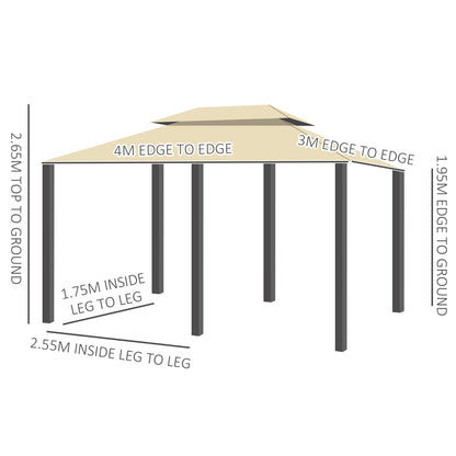 Outsunny 4m x 3(m) Metal Gazebo Canopy Party Tent Garden Pavillion Patio Shelter Pavilion with Curtains Sidewalls Beige