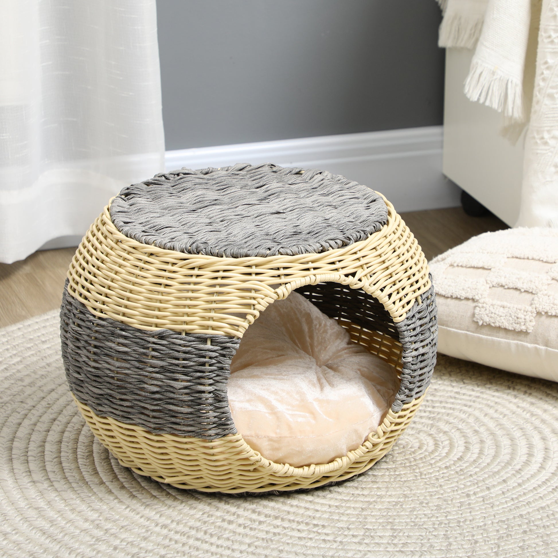 Pawhut Wicker Cat House Rattan Raised Cat Bed Cosy Kitten Cave With Soft Washable Cushion Diameter 40 X 30cm